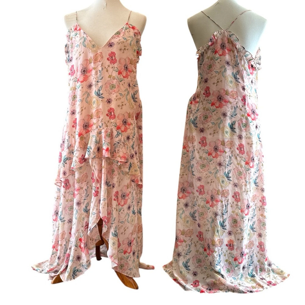 Essue new no tags Soft Pink floral asymmetrical Chiffon Dress Sz L